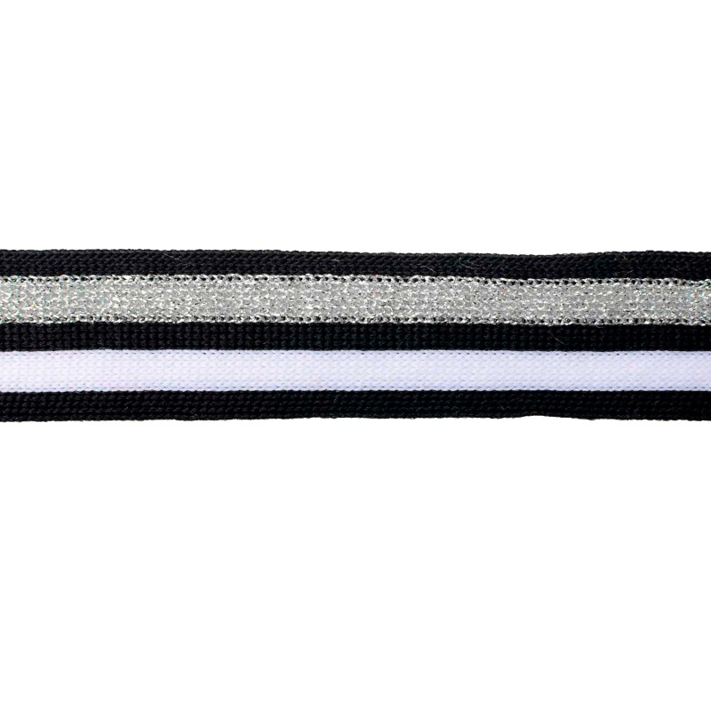 SALE Тесьма полиэстер 2,5см с люрексом 68-70м/рулон, цв: черный/белый/серебро