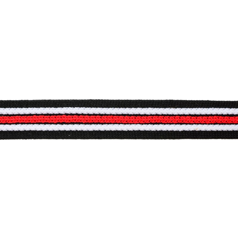 Тесьма трикотажная полиэстер с выпуклыми полосками 2см 68-70м/рулон,цв:черный/белый/красный