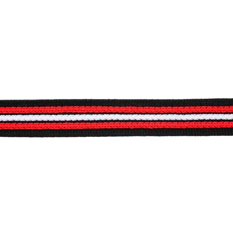 Тесьма трикотажная полиэстер с выпуклыми полосками 2см 68-70м/рулон,цв:черный/красный/белый