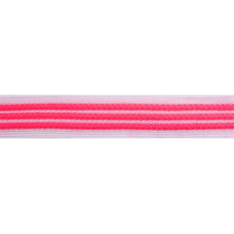 Тесьма трикотажная полиэстер с выпуклыми полосками 2см 68-70м/рулон,цв:белый/розовый неон
