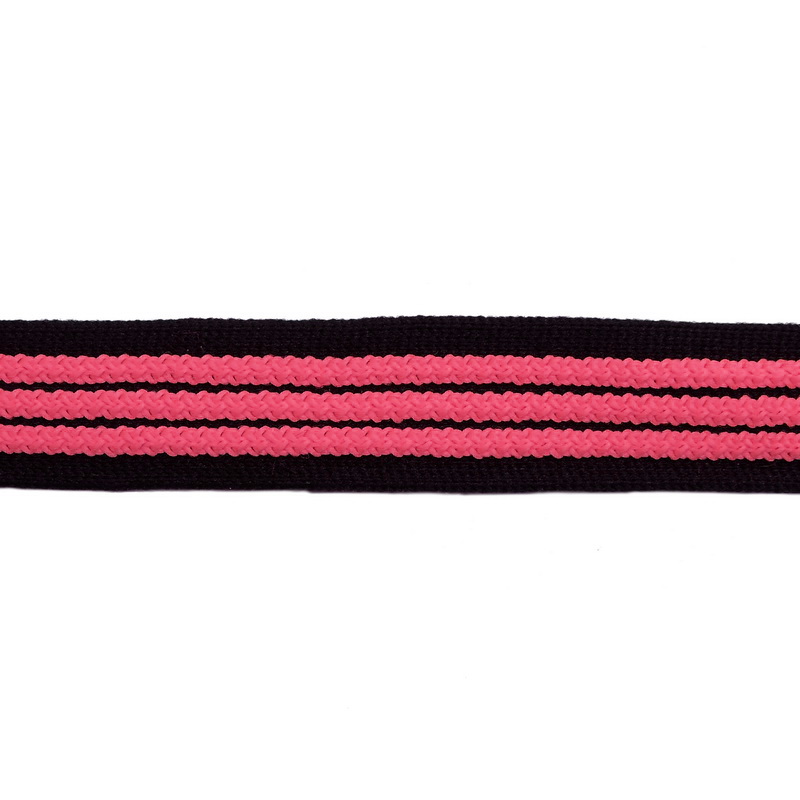 Тесьма трикотажная полиэстер с выпуклыми полосками 2см 68-70м/рулон,цв:черный/розовый неон